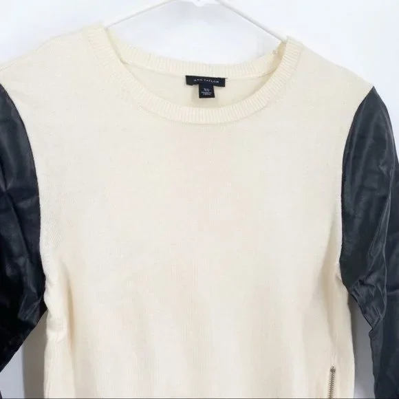 Ann Taylor XS Cream Sweater with Black Faux Leather Sleeves Zipper Accent - Picture 2 of 7